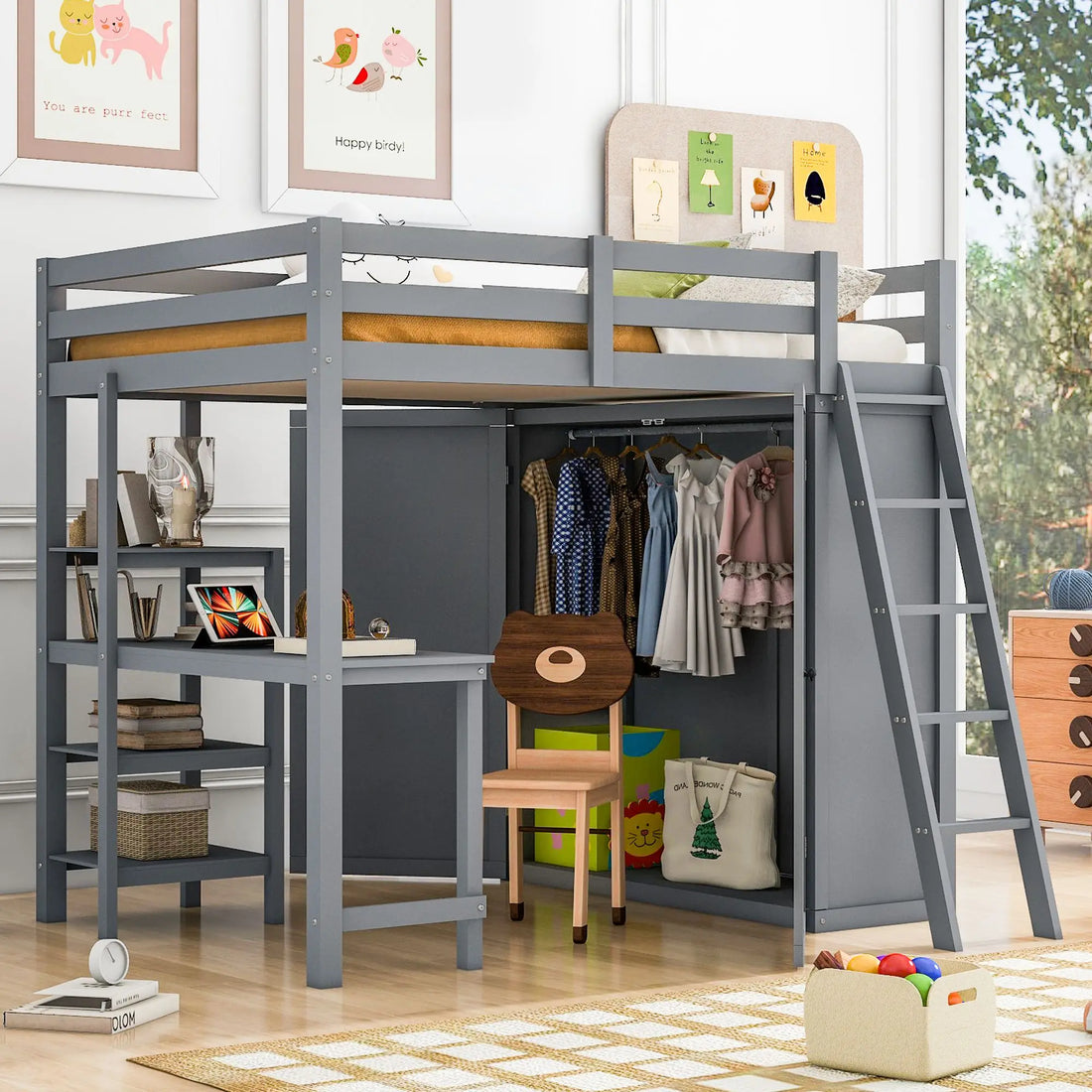 Loft Bed Made of Wood with Desk and Wardrobe for Bedroom childrensterritory