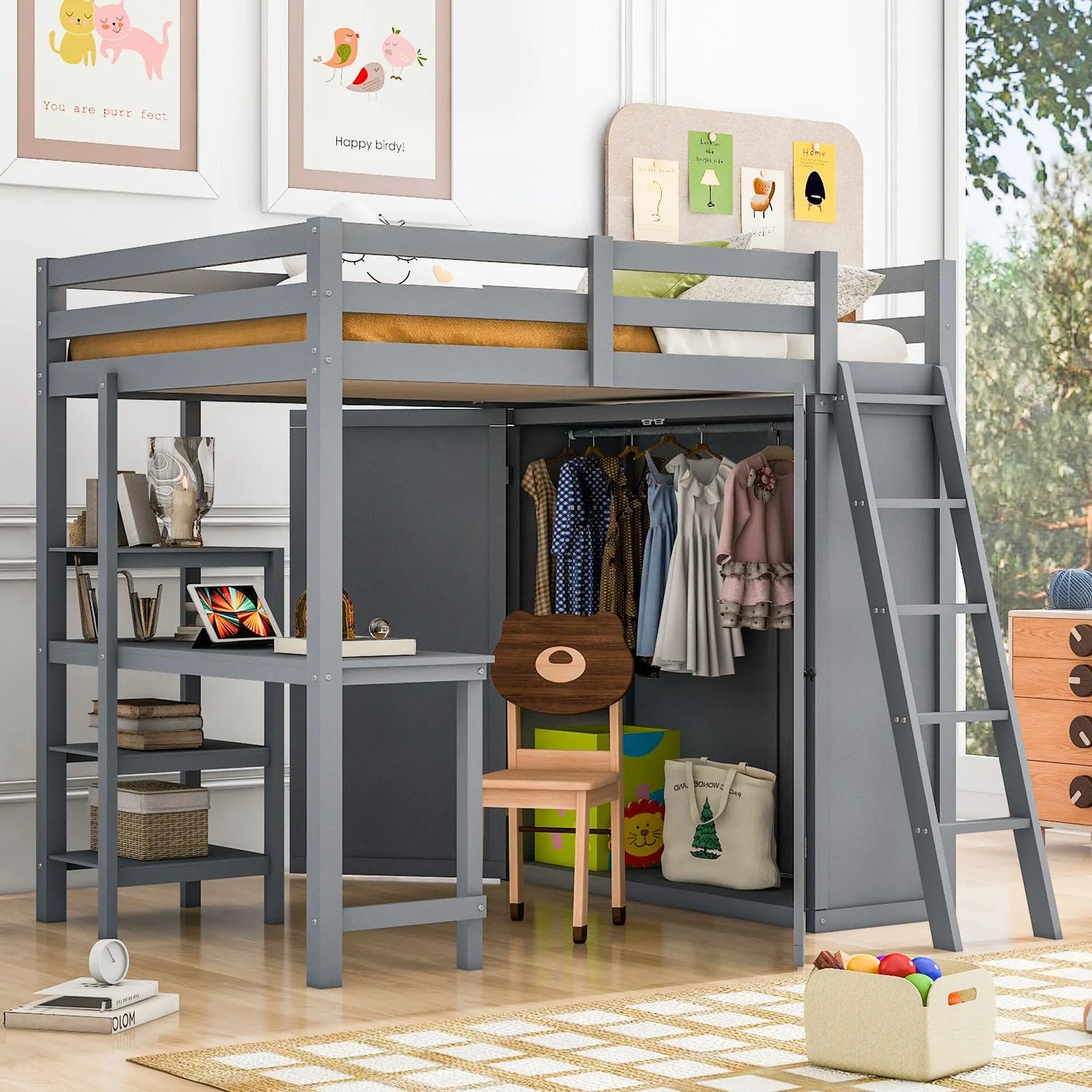 Loft Bed Made of Wood with Desk and Wardrobe for Bedroom childrensterritory