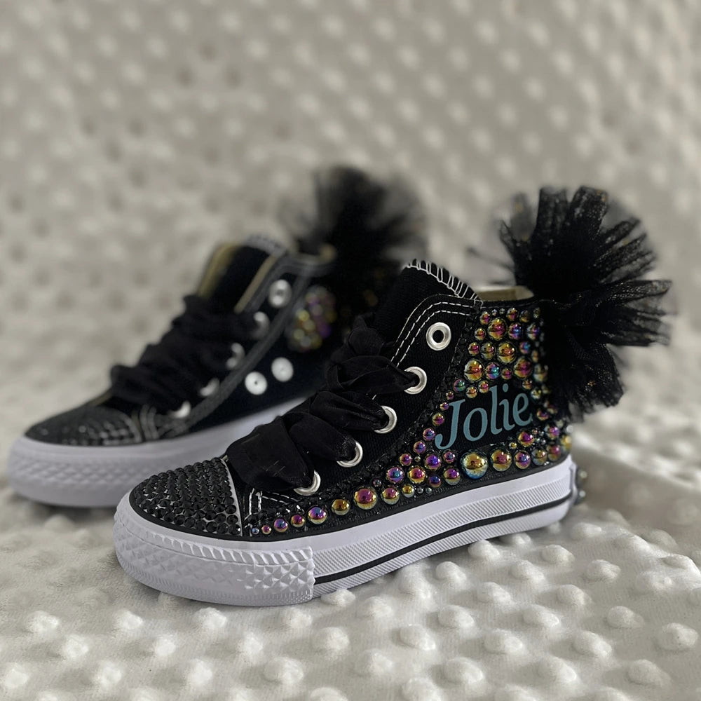Kids Girls Pink Sparkle Gold Rhinestones Canvas Sneakers