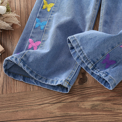 Kids Girls Butterfly Print Autumn Jeans childrensterritory