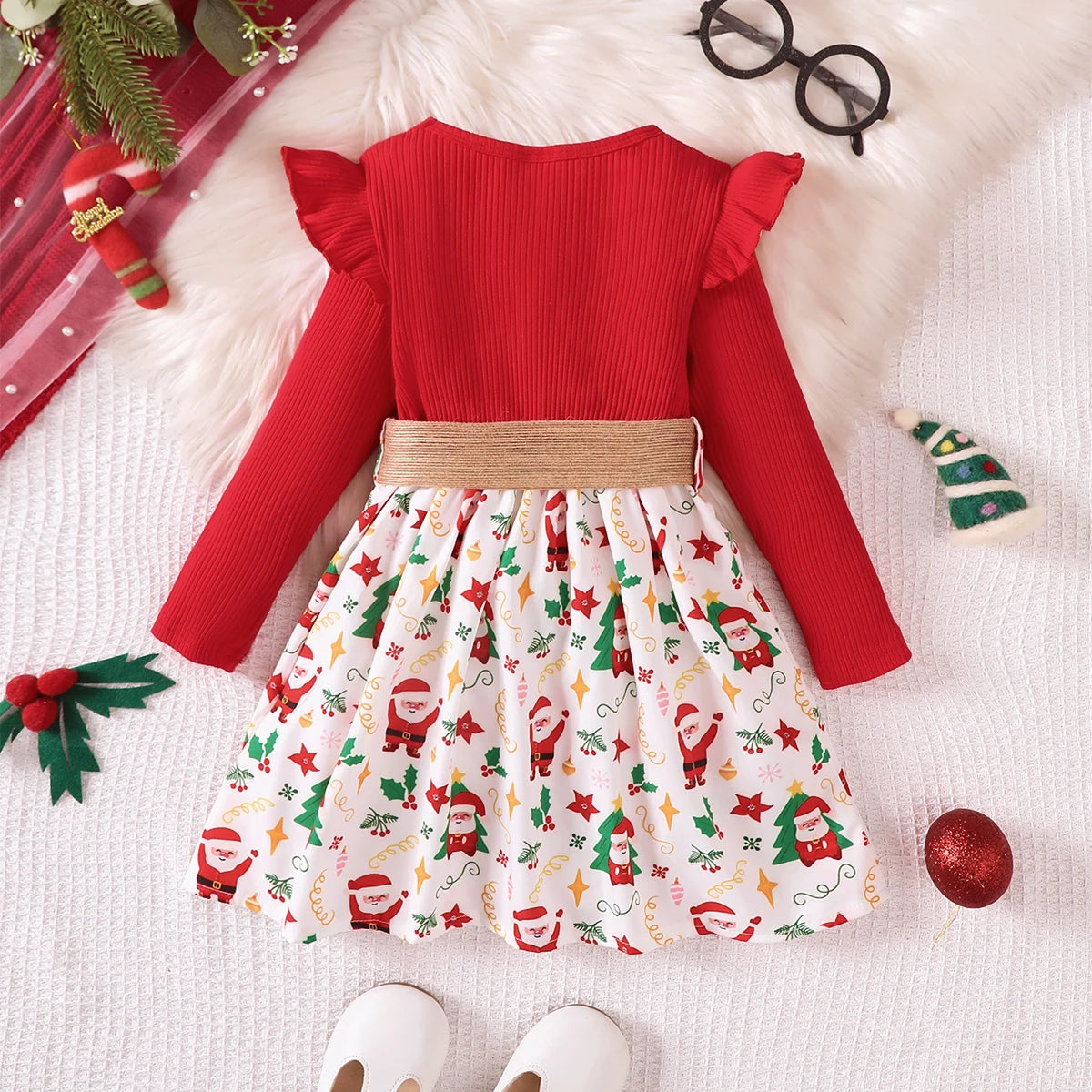 Girls' Round Neck Belt Design Christmas Dresses