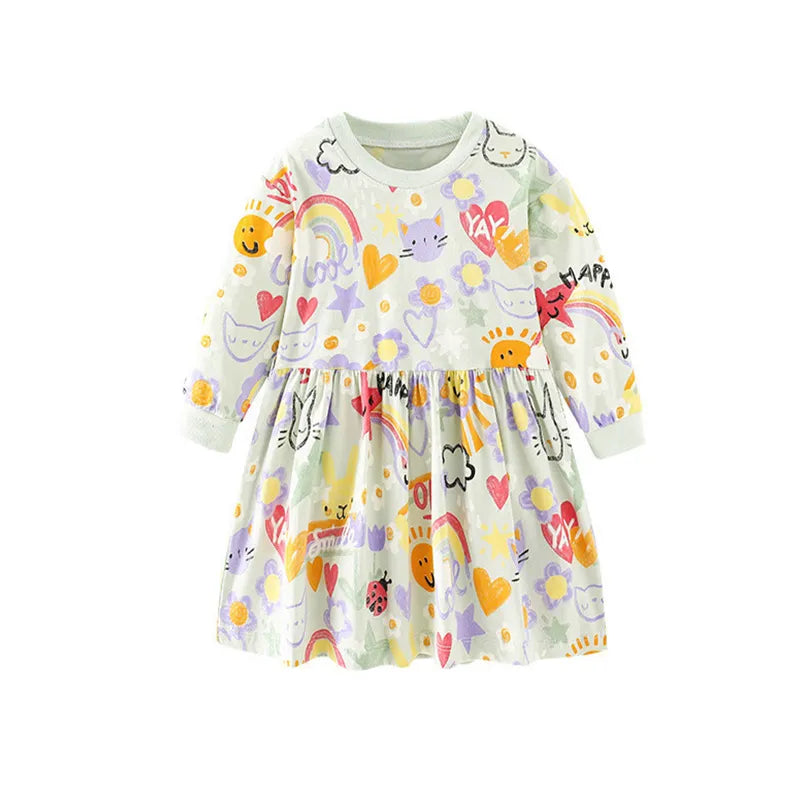 Kids Girls Cartoon Print Long Sleeve Winter Party Dresses childrensterritory