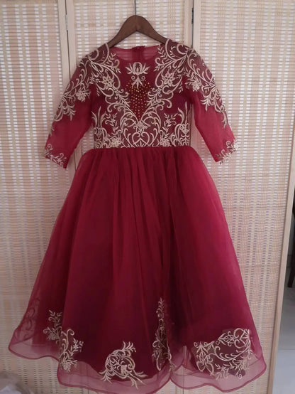 Kids Girls Black Floor Length Pageant Dress with Gold Appliques