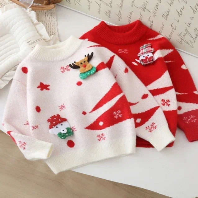 Kids Round Neck Christmas Tree Design Winter Sweater
