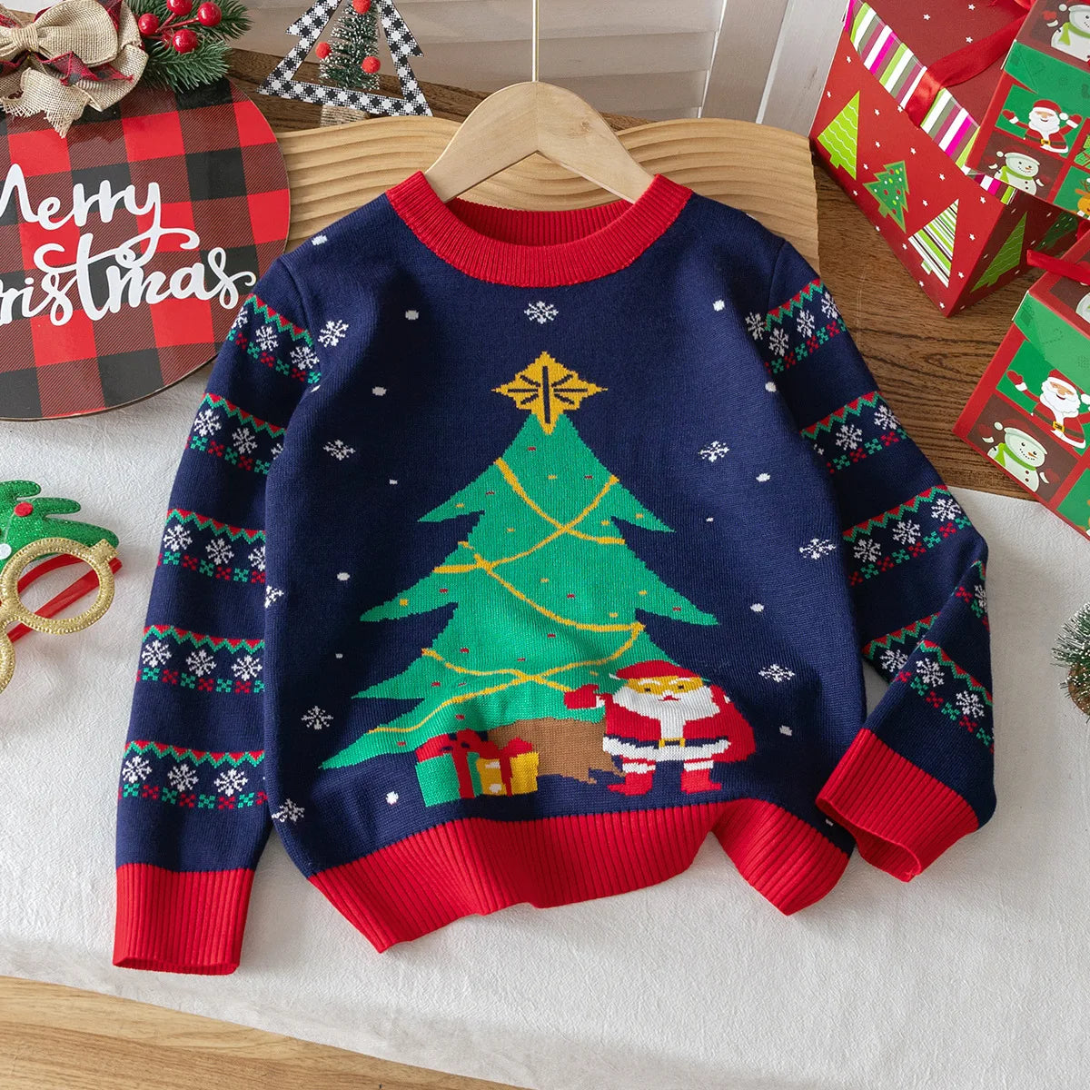 Kids Round Neck Christmas Design Warm Sweater