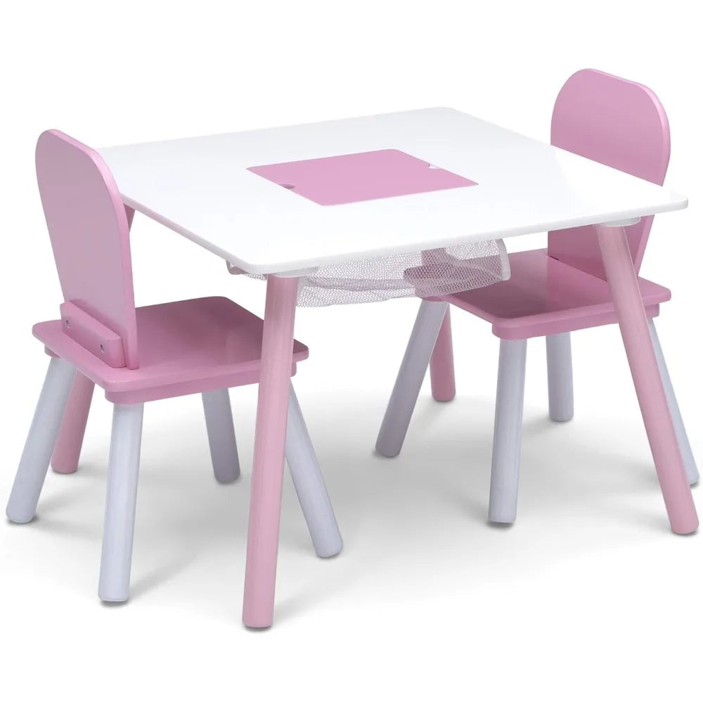 White and Pink Kids Table and Chair Set with Storage