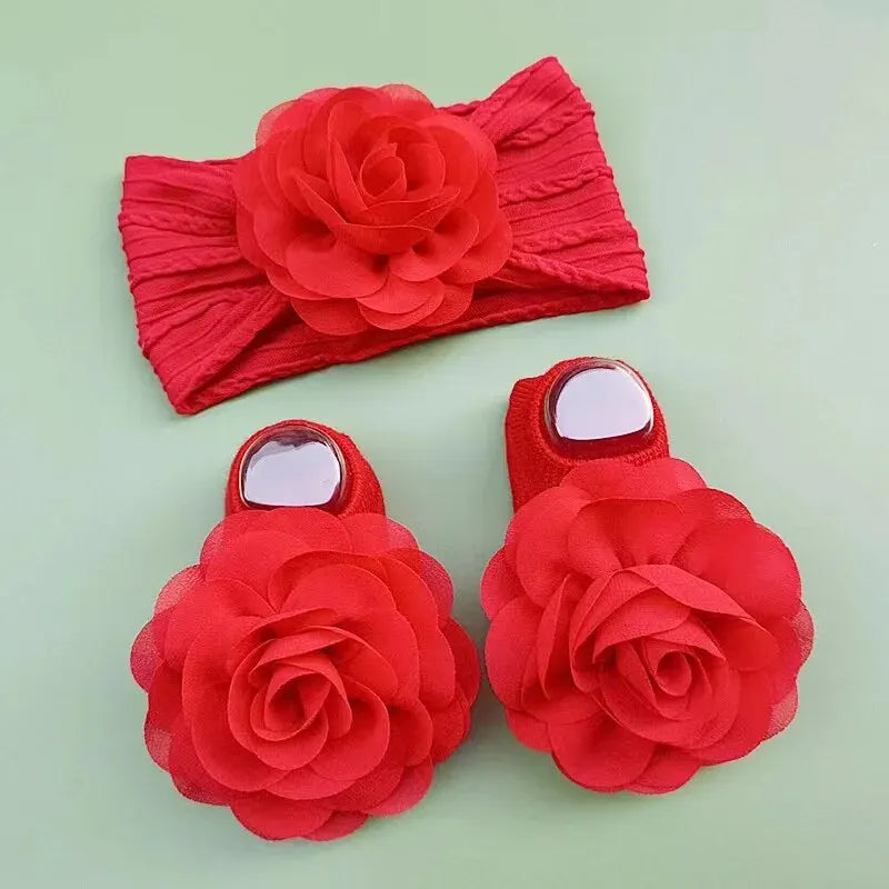 Non Slip Lace Flower Design Baby Socks+ Headbands Set