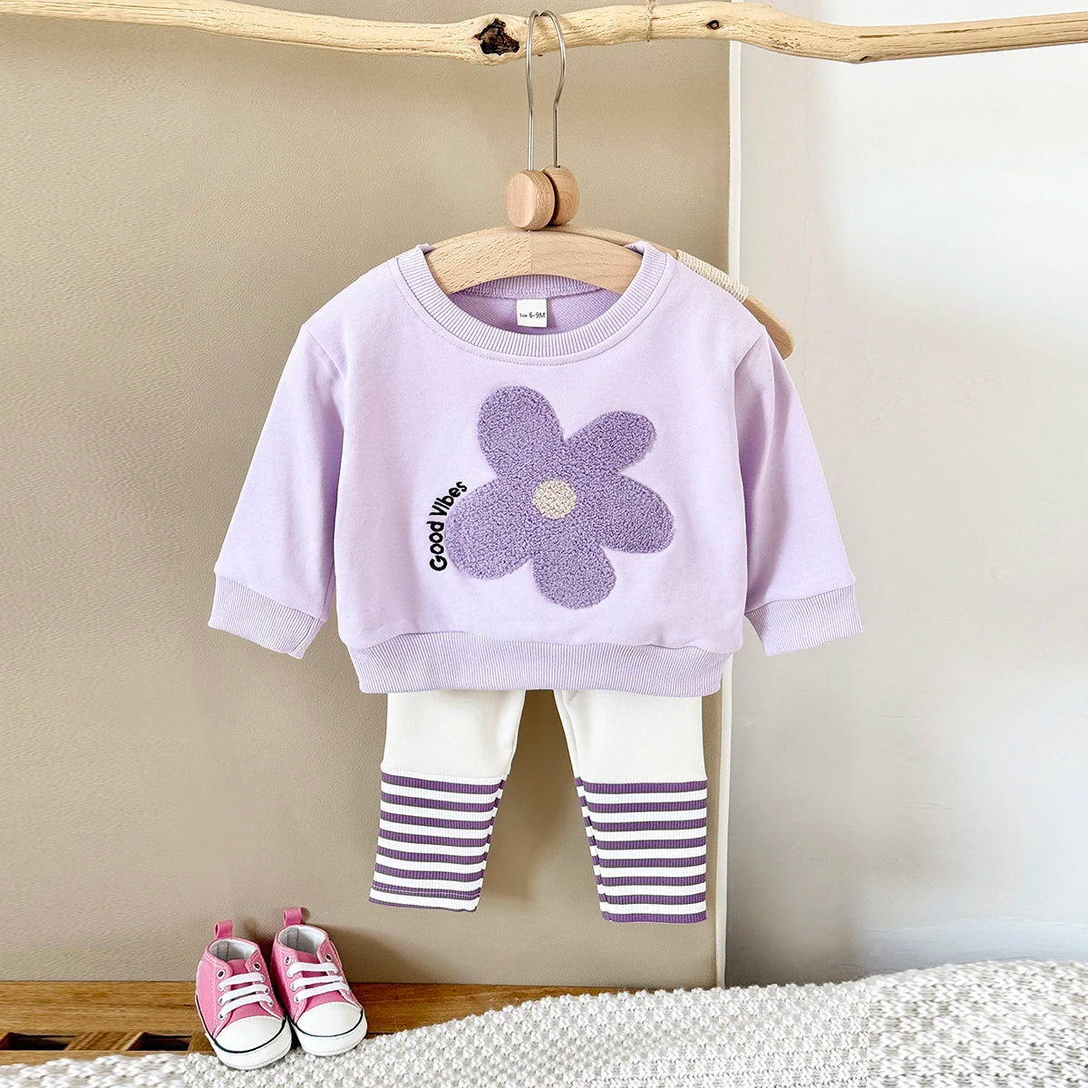 Baby Girls Flower Sweatshirt + Stripe Pants 2Pcs Outfit Set