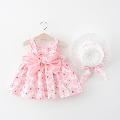Baby Girl Floral Bow Sling Dress with Hat childrensterritory