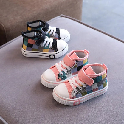 Kids Boys Girls High Top Checkered Lattice Canvas Shoes