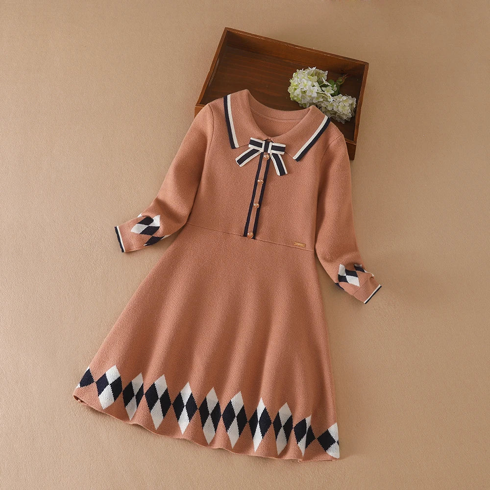 Girls' Long-Sleeved Collar Design Warm Dresses childrensterritory