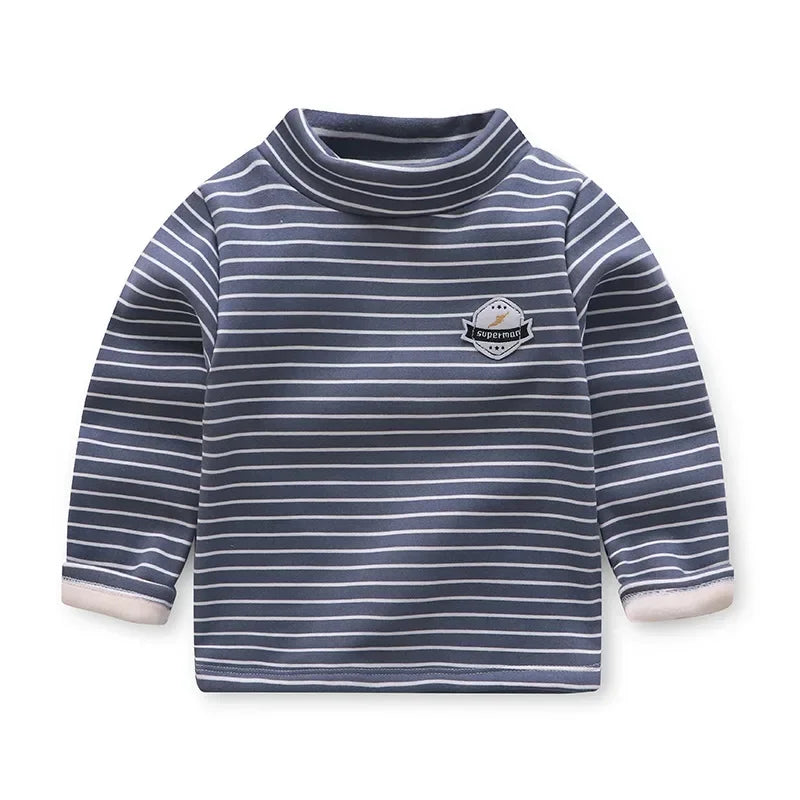 Kids Korean Style Turtleneck Striped Design Velvet Winter T-shirts childrensterritory