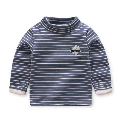 Kids Korean Style Turtleneck Striped Design Velvet Winter T-shirts childrensterritory