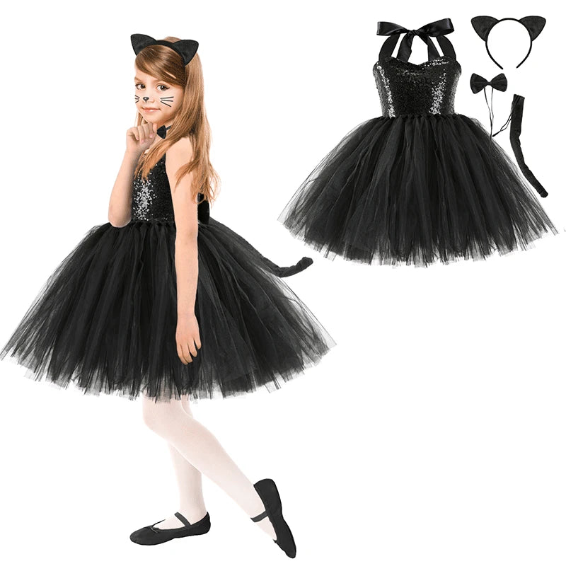Kids Girls Little Cat Look Tutu Skirt Dresses for School Performance