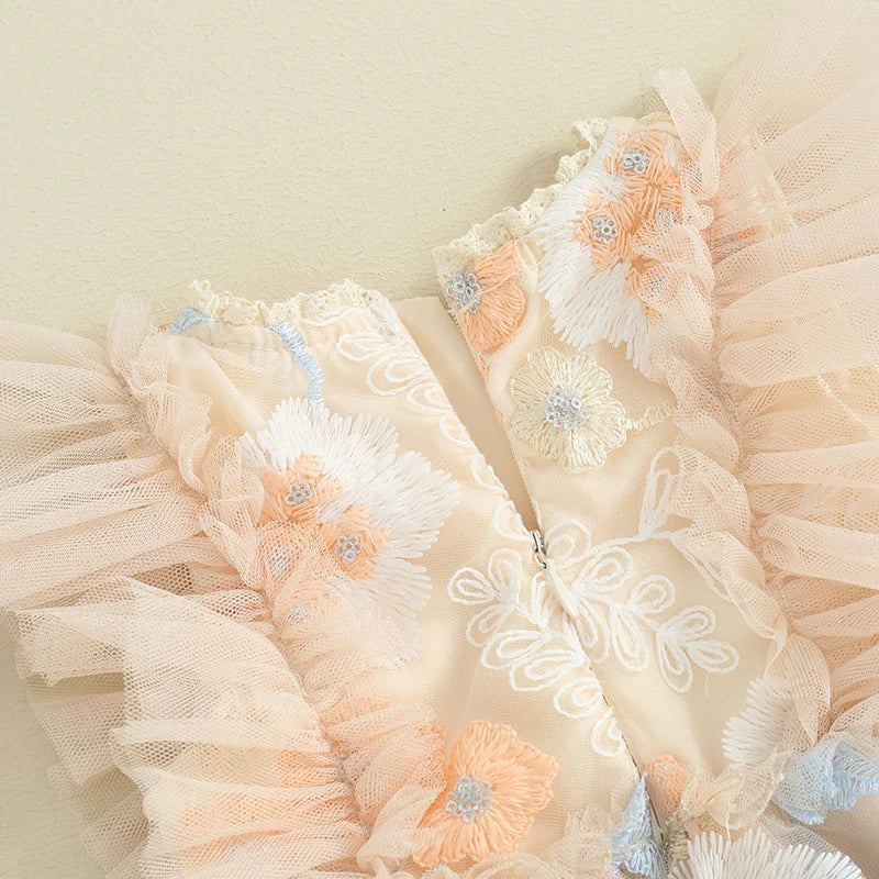 Baby Girl Tulle Floral Embroidery Romper Dress and Headband Set