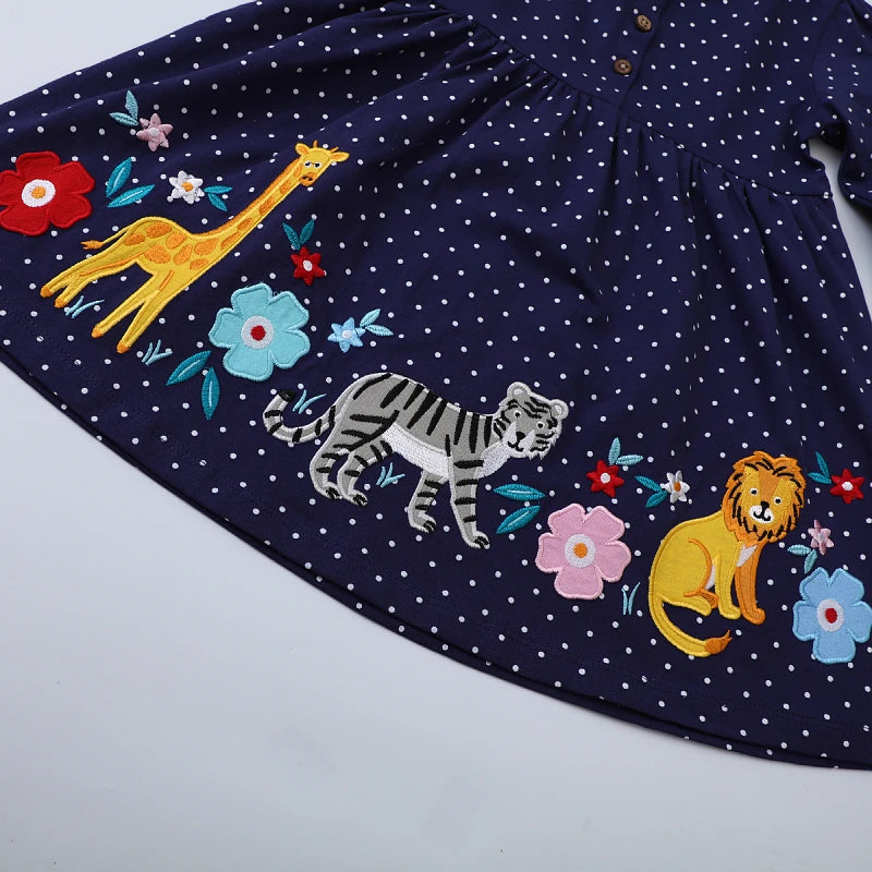 Animals Cartoon Embroidered Design Casual Dresses for Girls childrensterritory