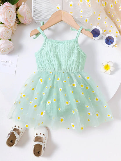 Small Daisy Print Baby Girl Sleeveless Mesh Romper Dress