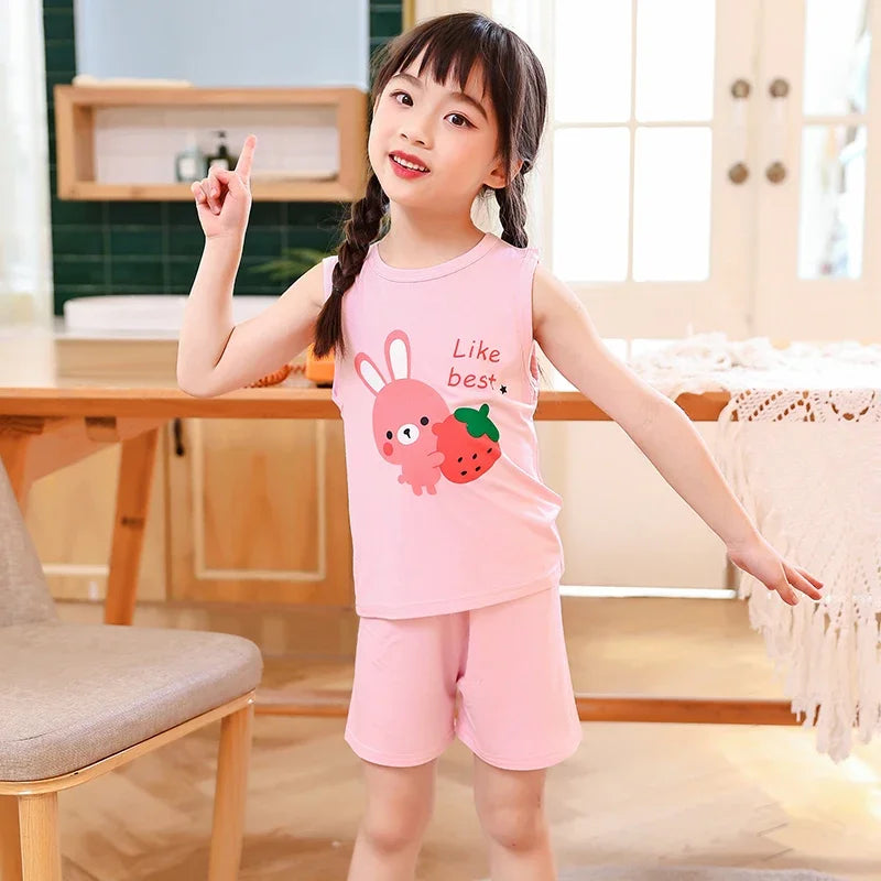 Kid Boy Girl Cartoon Design Sleeveless Cotton Vest and Pajamas Sets childrensterritory
