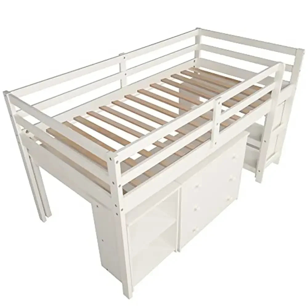 Portable Twin Loft Bed with Storage Cabinet for Kids