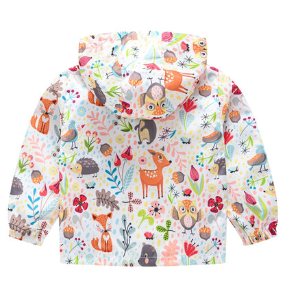 Kids Girls Colorful Cartoon Prints Windproof Hooded Jackets childrensterritory