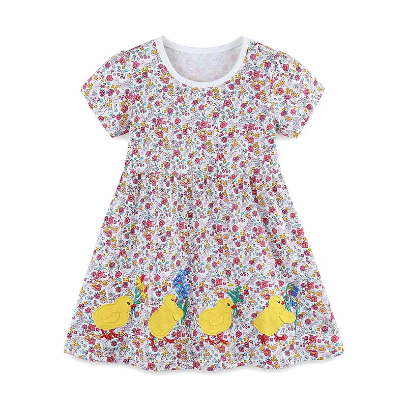 Floral and Cartoon Duck-Embroidered Little Girls&