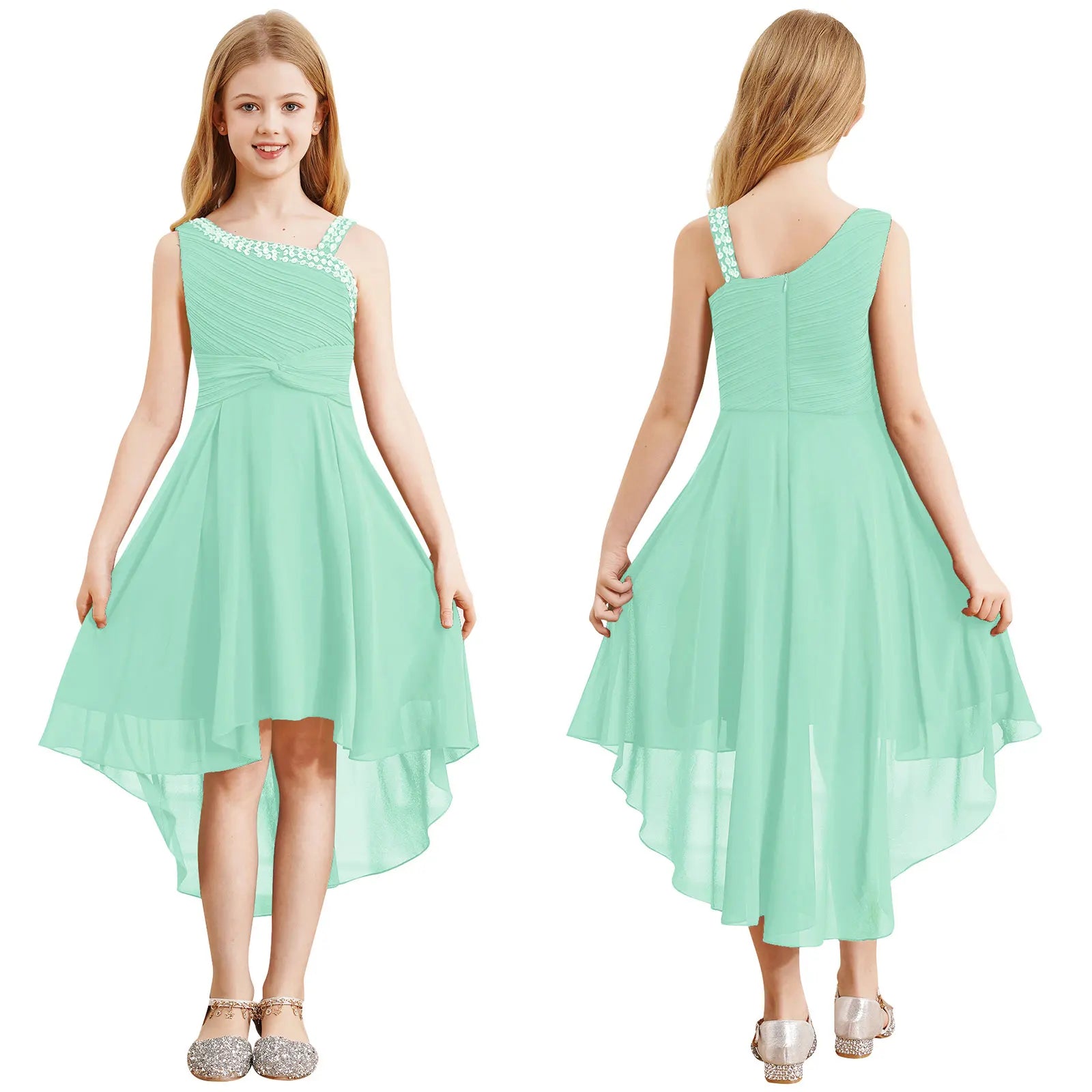 Kids Girls Ruched Twisted High-Low Summer Chiffon Dresses