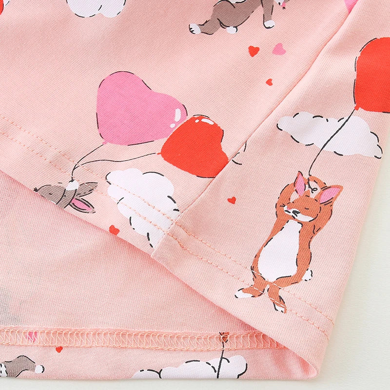 Cartoon Rabbits with Heart Balloons Design Girls Casual Dress childrensterritory