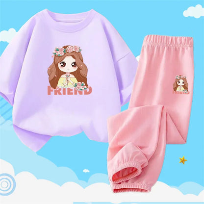 2pcs Kids Girls Cute Cartoon Print T-shirts + Pants Summer Outfit childrensterritory