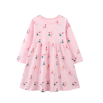 Girls Long-Sleeves Cartoon Print Casual Dresses childrensterritory