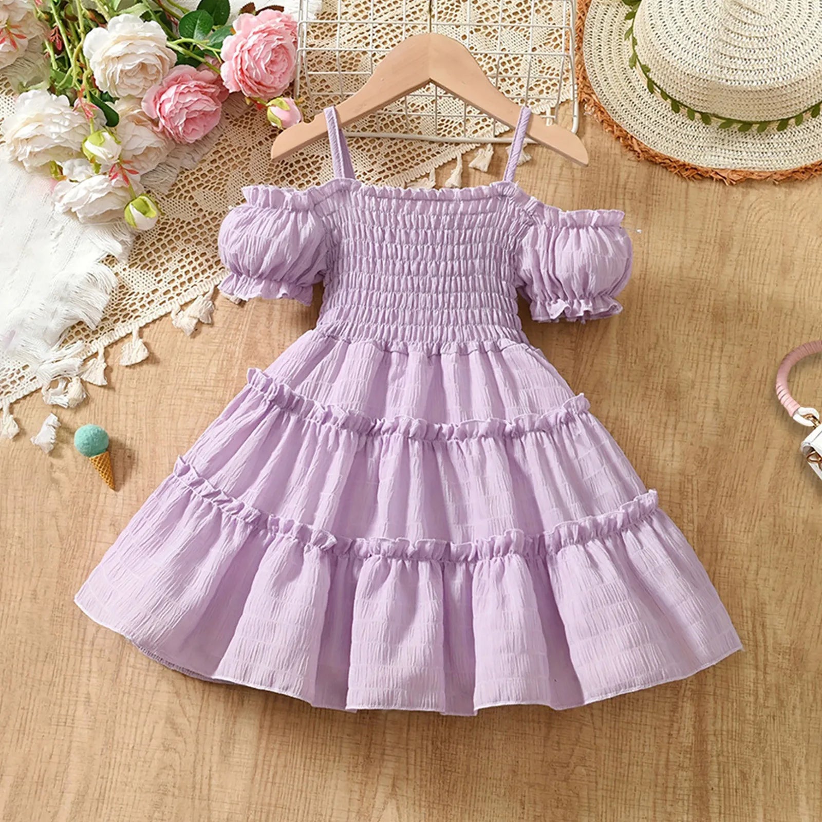 Cold Shoulder Shirred Frill Beach Party Dress for Young Girls