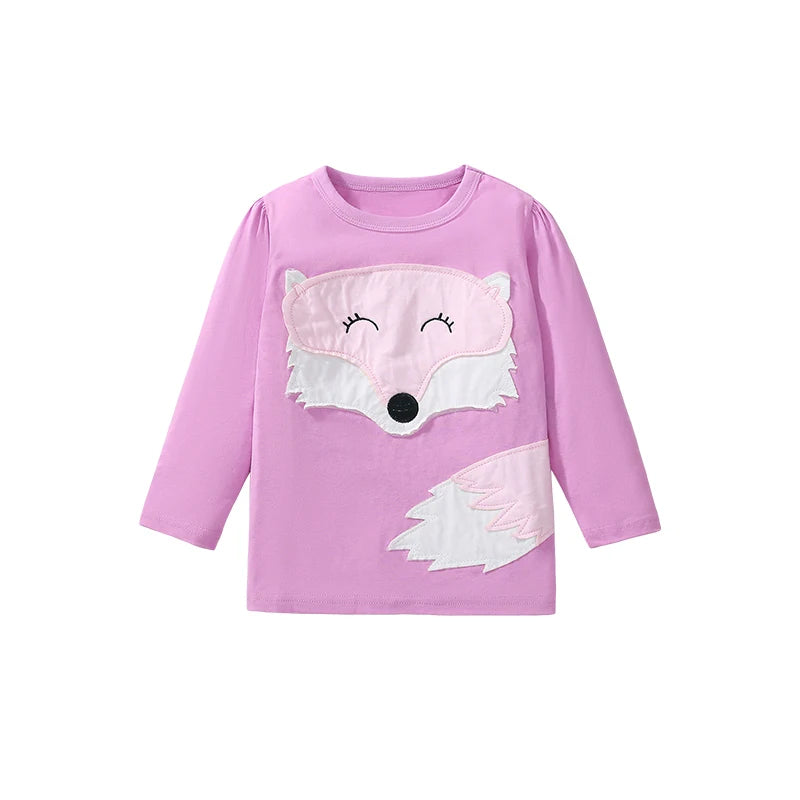 Round Neck Long Sleeves Cartoon Print Cotton Tops For Girls
