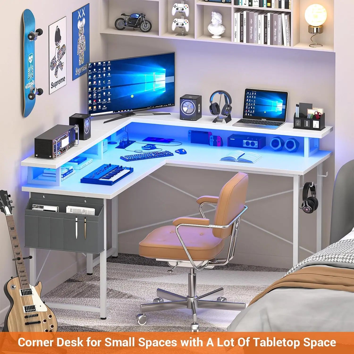 Corner Gaming Desk With LED Lights and Storage Shelves childrensterritory