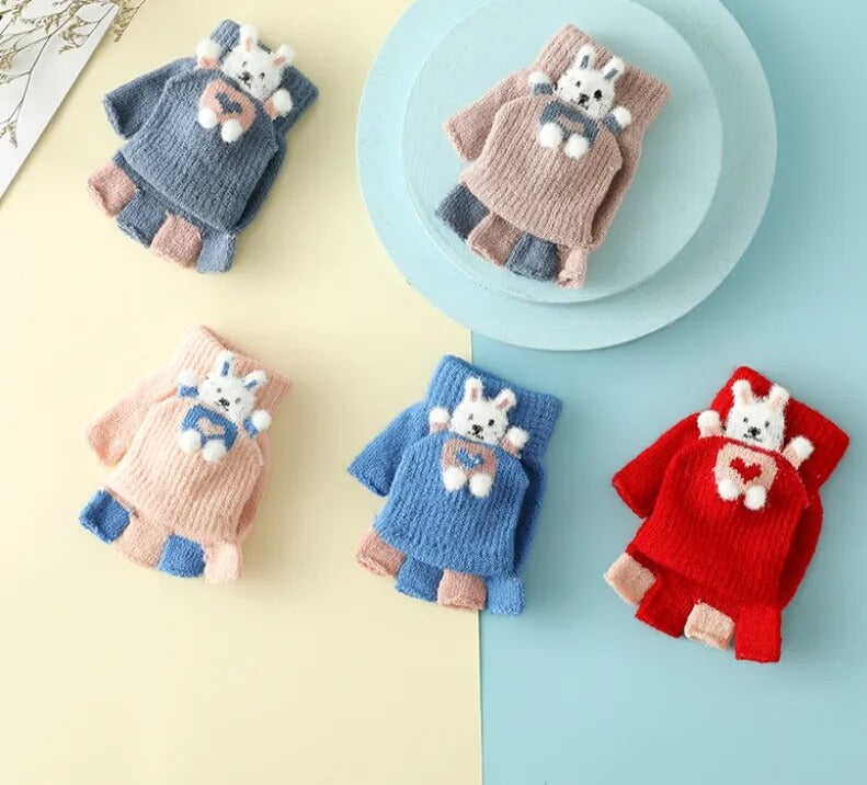 Cartoon Bunny Warm Half Finger Flip Gloves for Kids childrensterritory