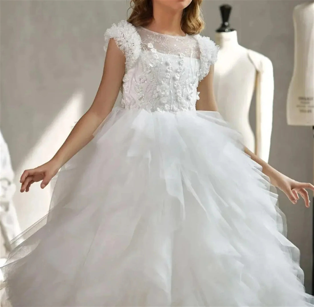 White Lace Tulle Appliques Floor Length Girls First Communion Gown