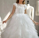 White Lace Tulle Appliques Floor Length Girls First Communion Gown