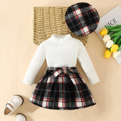 Baby Girls Knit Long Tops and Plaid Skrits with Hat Outfits childrensterritory