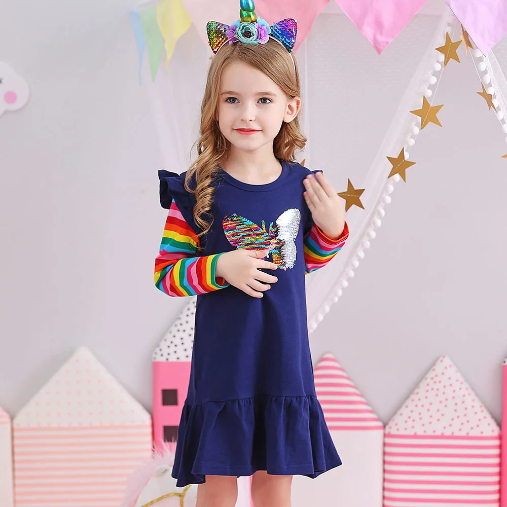 Little Girls Long Sleeve Cartoon Design Casual Dresses childrensterritory