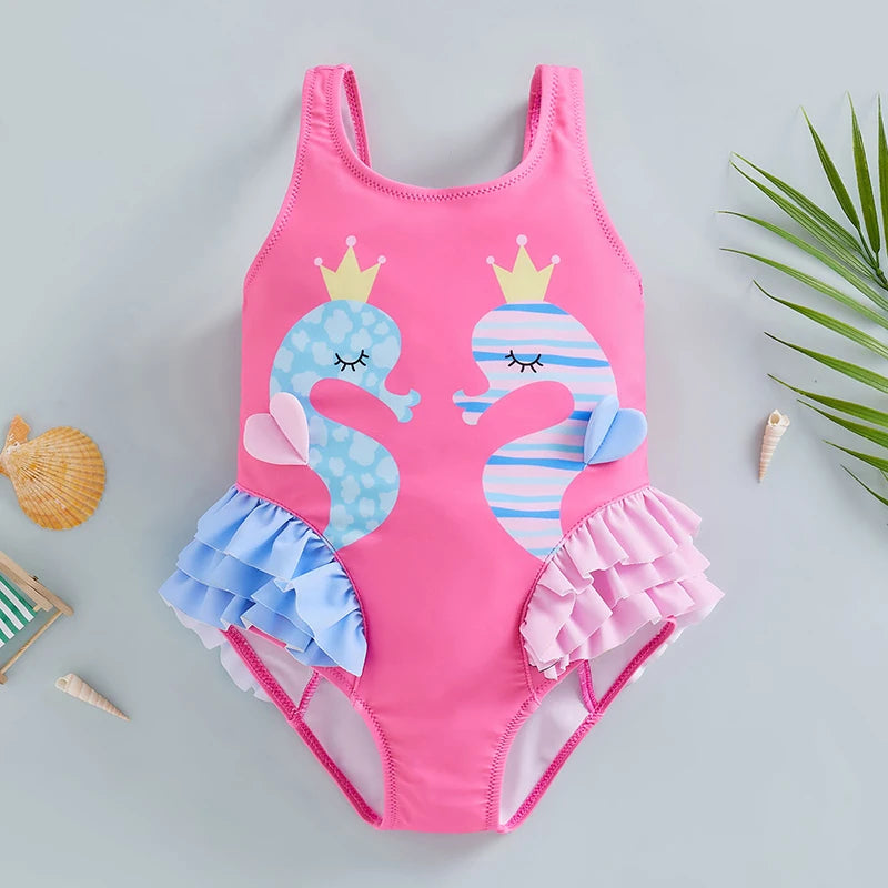 Cartoon Seahorse Print Sleeveless Kid Girl Swimsuit