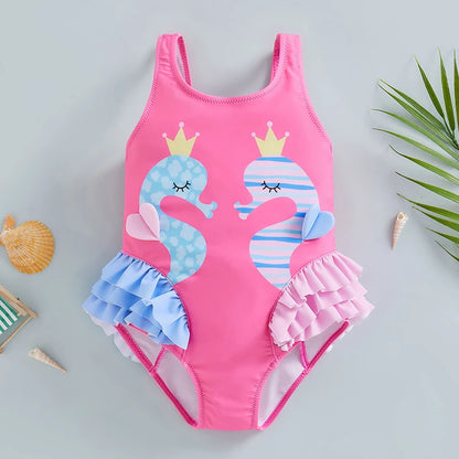 Cartoon Seahorse Print Sleeveless Kid Girl Swimsuit