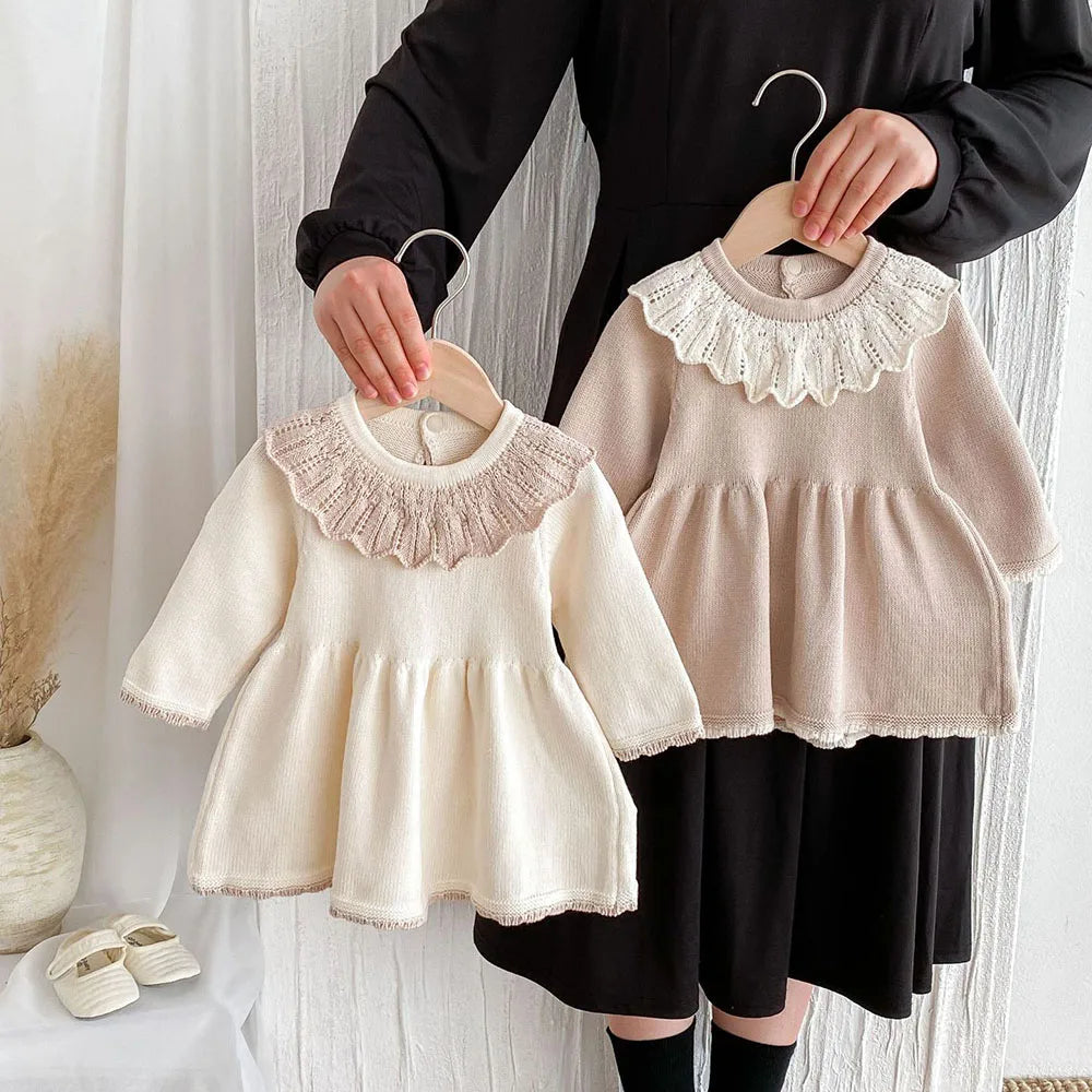 Girls’ Long Sleeves Collar Design Warm Dresses