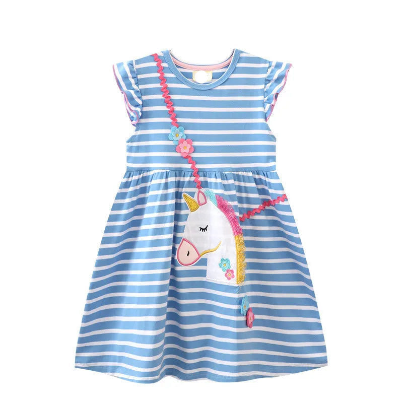 Little Girls Striped Unicorn Design Cotton Dresses For Summer childrensterritory