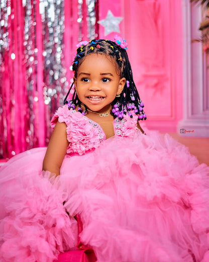 Fluffy, Floor-Length, Layered Pink Princess Ball Gown for Girls