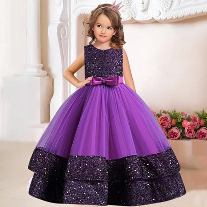 Sequins Bowknot Design Long Princess Dresses for Girls childrensterritory