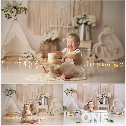 White Tent Tassels Flowers Backdrop Prop for Baby Birthday childrensterritory