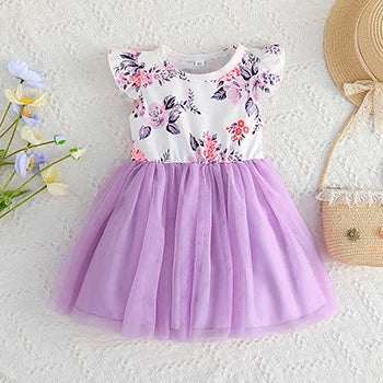Flower Print Tulle Patchwork Kids Girls A-line Dress