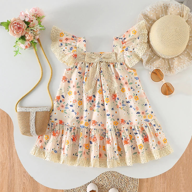 Kids Girls Floral Print Lace Patchwork Summer Princess Dress