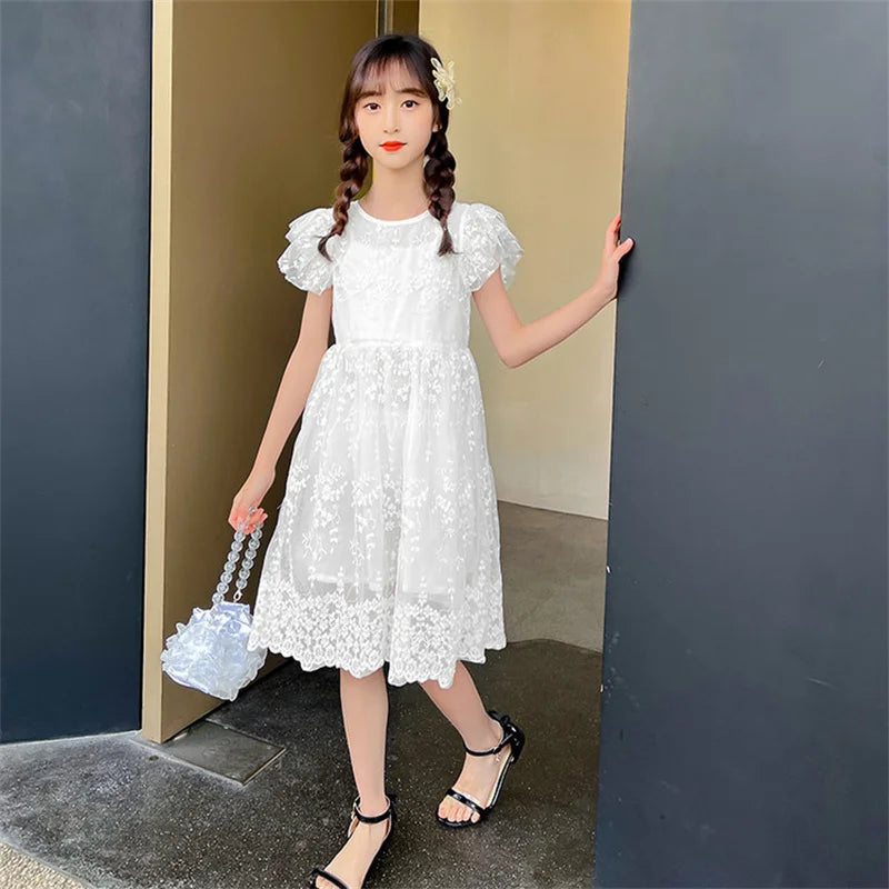 Casual Style Girls Lace Floral Dress For Summer
