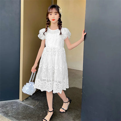 Casual Style Girls Lace Floral Dress For Summer