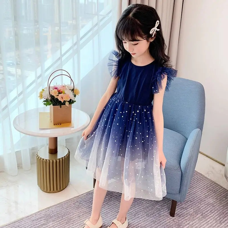 Sleeveless Mesh Lace Layers Star Design Girls Princess Dress