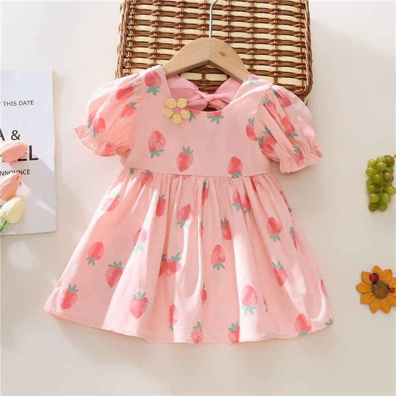 Strawberry Print Baby Girl Flower Backless Dress